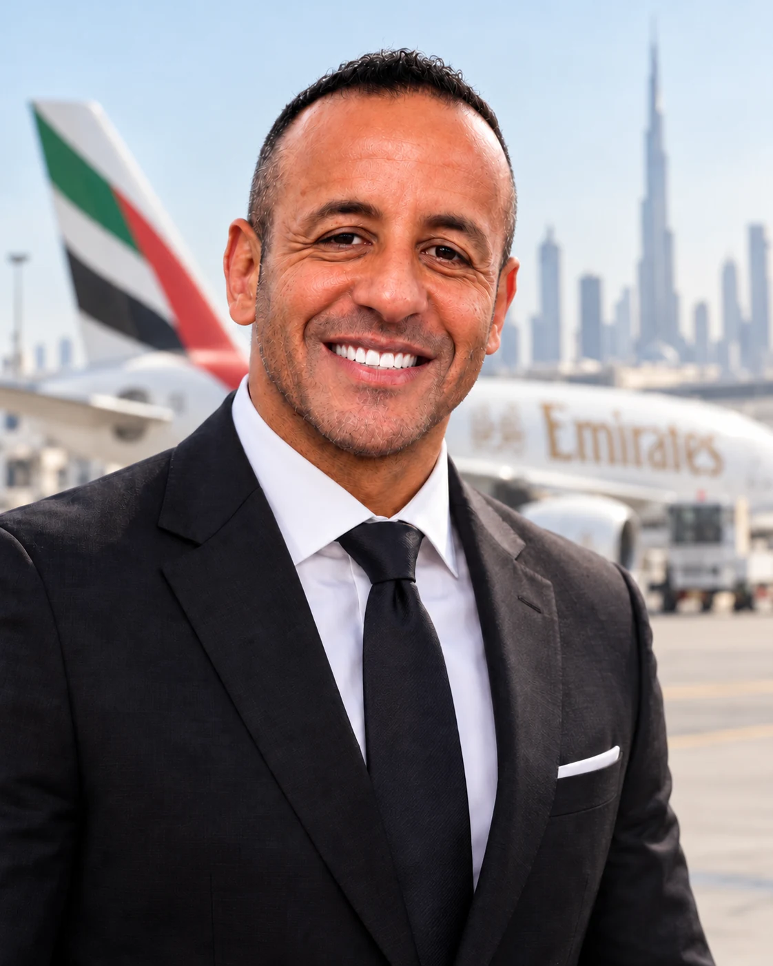 Hisham ElSherbiny with an Emirates aircraft and Dubai skyline in the background